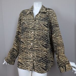 Vintage Animal Print Blouse Longline Button Down Tiger Stripe Neutral Beige Blac